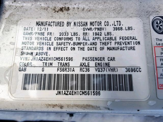 JN1AZ4EH1CM561596 - 2012 NISSAN 370Z BASE WHITE photo 10