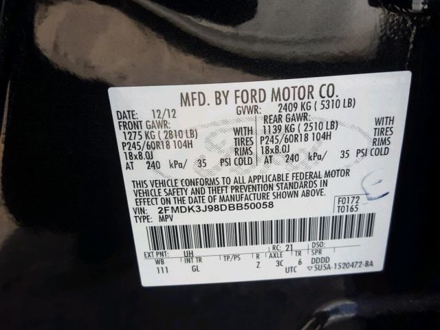 2FMDK3J98DBB50058 - 2013 FORD EDGE SEL BLACK photo 10