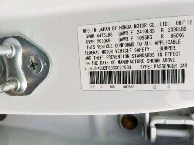 JH4CU2F80CC027503 - 2012 ACURA TSX SE WHITE photo 10