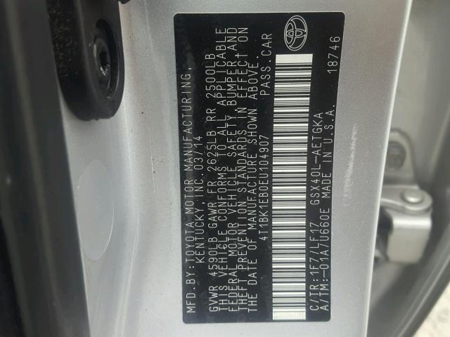 4T1BK1EB0EU104907 - 2014 TOYOTA AVALON BAS 银色 照片 10