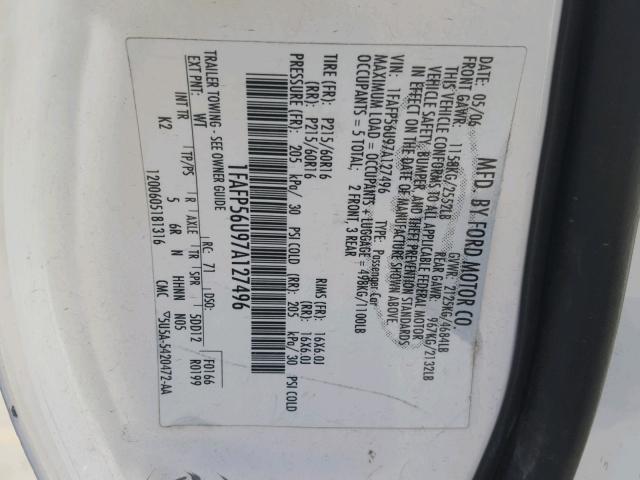 1FAFP56U97A127496 - 2007 FORD TAURUS SEL WHITE photo 10