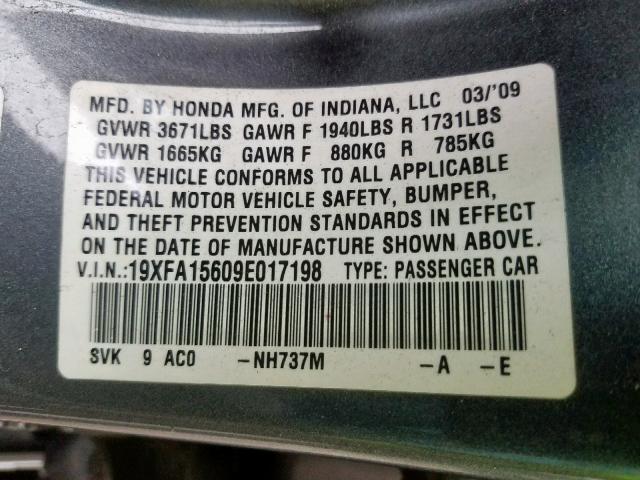 19XFA15609E017198 - 2009 HONDA CIVIC LX-S ნაცრისფერი ფოტო 10
