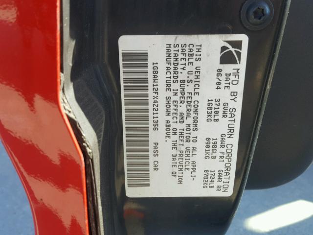 1G8AW12FX4Z211356 - 2004 SATURN ION LEVEL RED photo 10