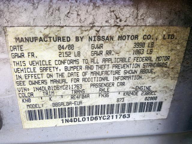 1N4DL01D6YC211763 - 2000 NISSAN ALTIMA XE SILVER photo 10