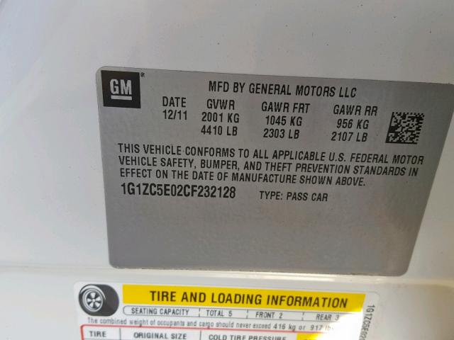 1G1ZC5E02CF232128 - 2012 CHEVROLET MALIBU 1LT 白色 照片 10