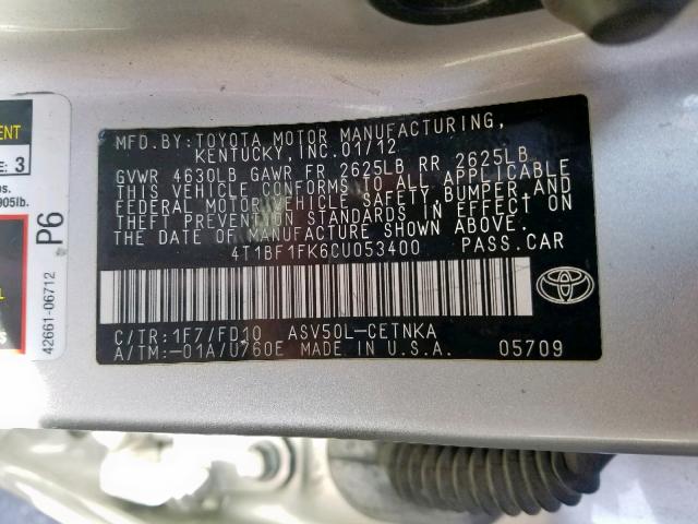4T1BF1FK6CU053400 - 2012 TOYOTA CAMRY BASE SILVER photo 10