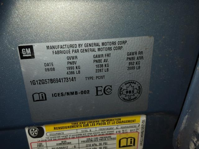 1G1ZG57B694173141 - 2009 CHEVROLET MALIBU LS Көк фото 10