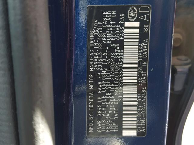 2T1KR32E55C346096 - 2005 TOYOTA COROLLA MA BLUE photo 10