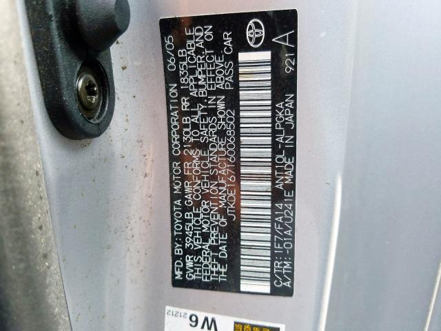 JTKDE167160068502 - 2006 TOYOTA SCION TC ვერცხლისფერი ფოტო 10