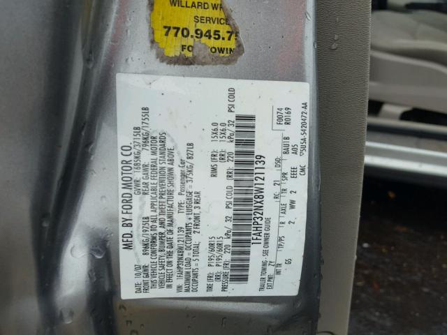 1FAHP32NX8W121139 - 2008 FORD FOCUS S/SE GRAY photo 10