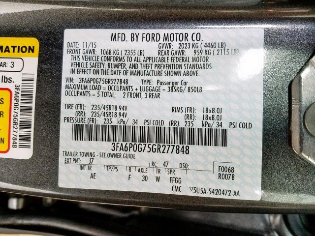 3FA6P0G75GR277848 - 2016 FORD FUSION S GRAY photo 10