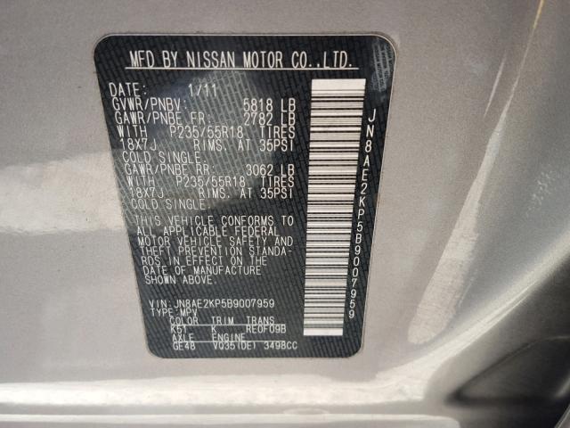 JN8AE2KP5B9007959 - 2011 NISSAN QUEST S GRAY photo 10