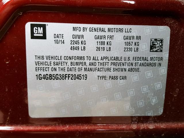 1G4GB5G38FF204519 - 2015 BUICK LACROSSE BURGUNDY photo 10