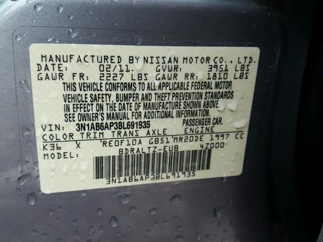 3N1AB6AP3BL691935 - 2011 NISSAN SENTRA 2.0 GRAY photo 10