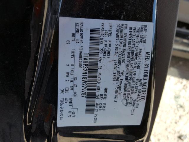 1FAHP32N18W279787 - 2008 FORD FOCUS S/SE BLACK photo 10