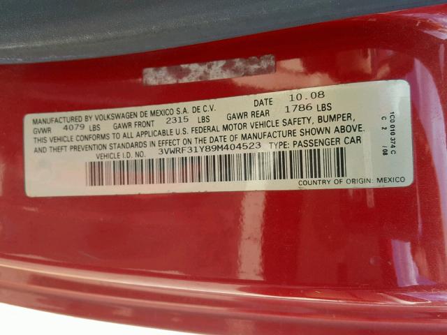 3VWRF31Y89M404523 - 2009 VOLKSWAGEN NEW BEETLE 红色 照片 10