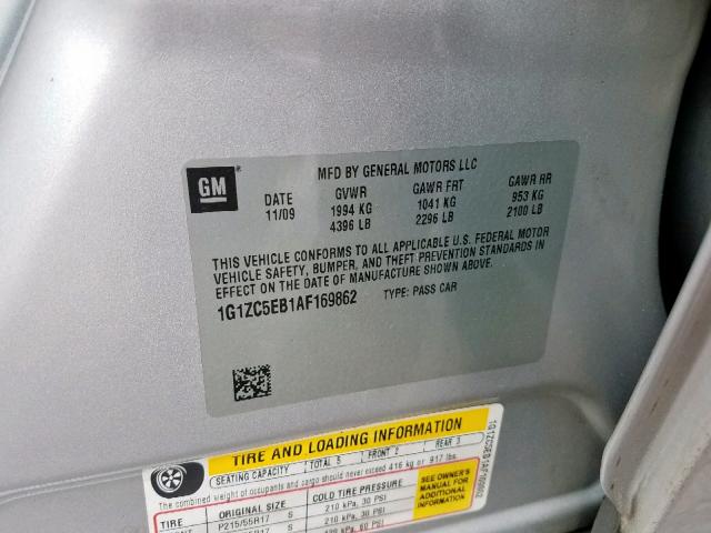 1G1ZC5EB1AF169862 - 2010 CHEVROLET MALIBU 1LT 银色 照片 10