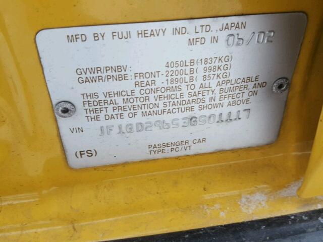 JF1GD29653G501117 - 2003 SUBARU IMPREZA WR YELLOW photo 10