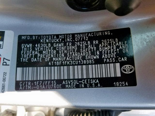 4T1BF1FK3CU138985 - 2012 TOYOTA CAMRY BASE SILVER photo 10