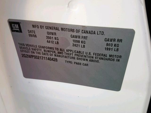 2G2WP552171140428 - 2007 PONTIAC GRAND PRIX WHITE photo 10