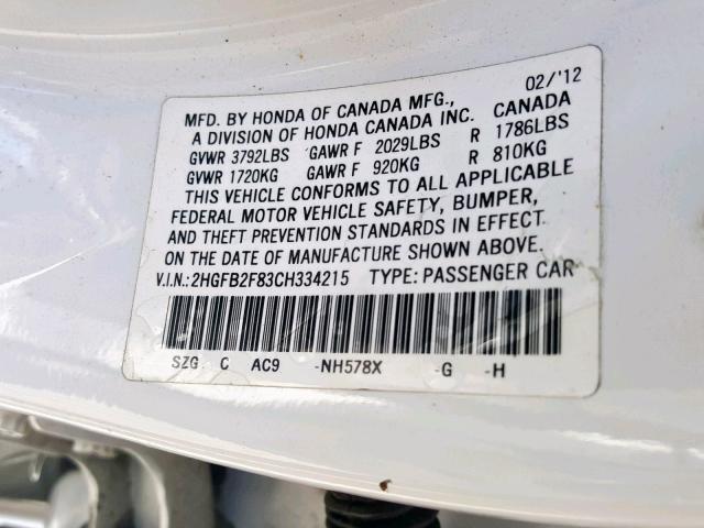 2HGFB2F83CH334215 - 2012 HONDA CIVIC EX WHITE photo 10