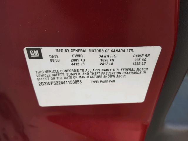 2G2WP522441153853 - 2004 PONTIAC GRAND PRIX MAROON photo 10