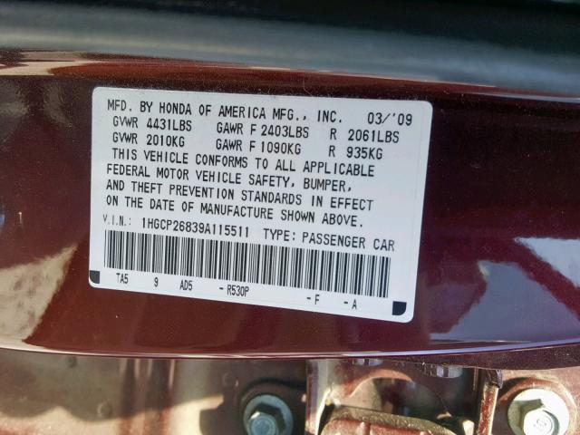 1HGCP26839A115511 - 2009 HONDA ACCORD EXL MAROON photo 10