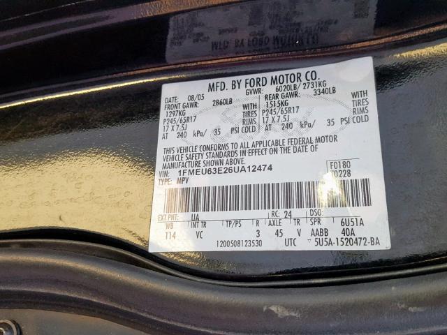 1FMEU63E26UA12474 - 2006 FORD EXPLORER X BLACK photo 10