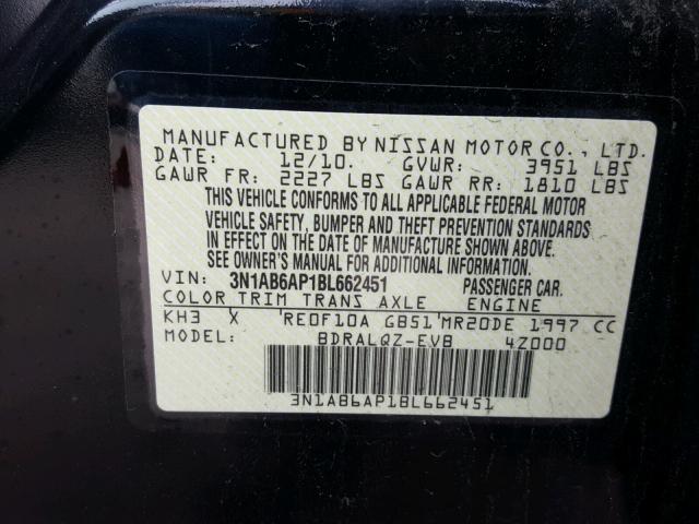 3N1AB6AP1BL662451 - 2011 NISSAN SENTRA 2.0 BLACK photo 10