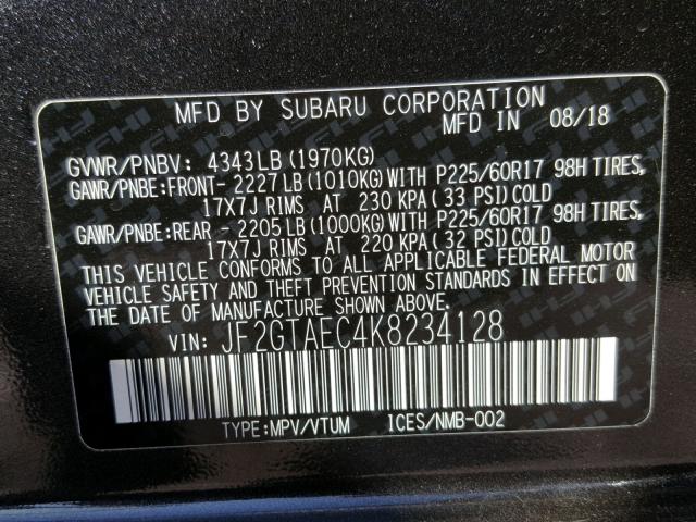 JF2GTAEC4K8234128 - 2019 SUBARU CROSSTREK BLACK photo 10