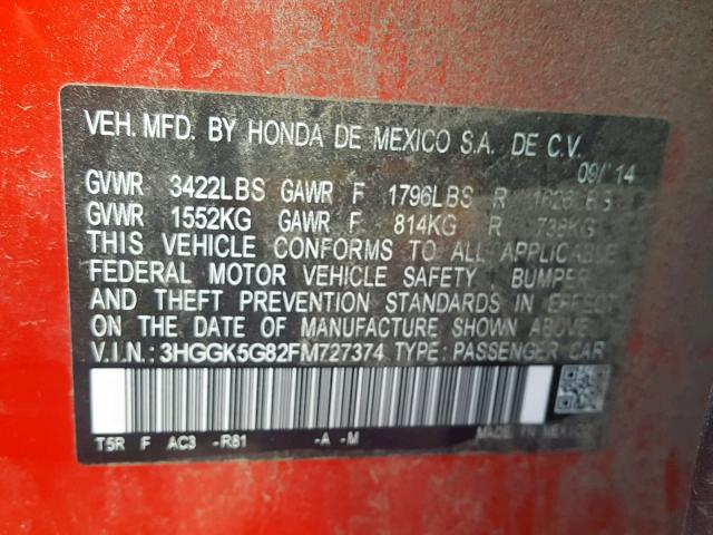 3HGGK5G82FM727374 - 2015 HONDA FIT EX RED photo 10