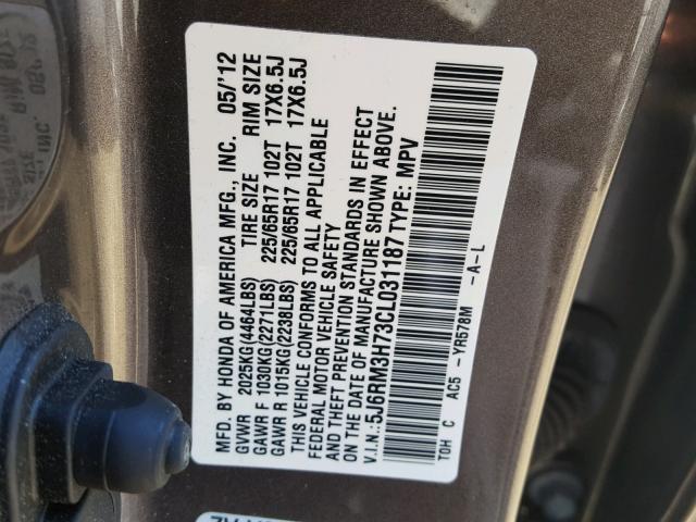 5J6RM3H73CL031187 - 2012 HONDA CR-V EXL GRAY photo 10