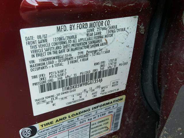 1FMDK05W98GA13546 - 2008 FORD TAURUS X S BURGUNDY photo 10