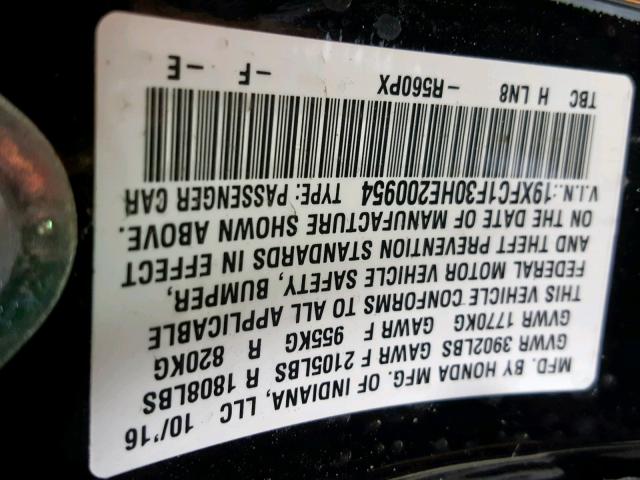 19XFC1F30HE200954 - 2017 HONDA CIVIC EX BLACK photo 10