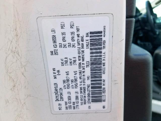 1D7HA16N64J277461 - 2004 DODGE RAM 1500 S WHITE photo 10