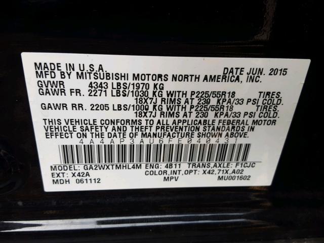 4A4AP3AU6FE040431 - 2015 MITSUBISHI OUTLANDER BLACK photo 10