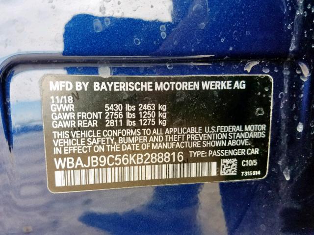 WBAJB9C56KB288816 - 2019 BMW M550XI BLUE photo 10