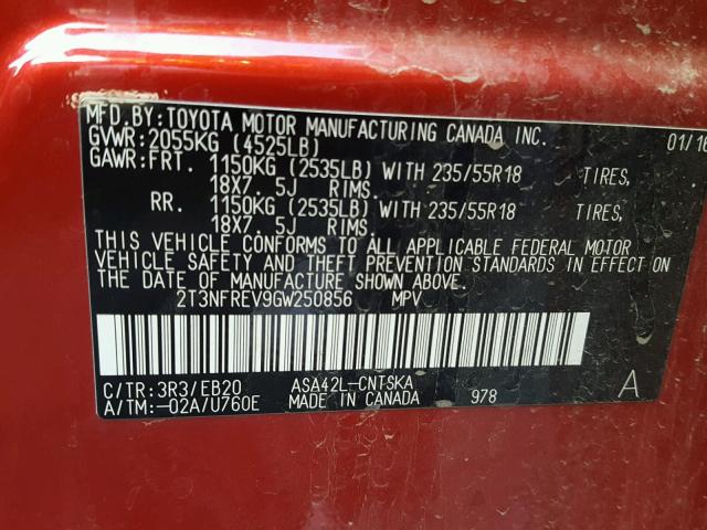 2T3NFREV9GW250856 - 2016 TOYOTA RAV4 SE RED photo 10