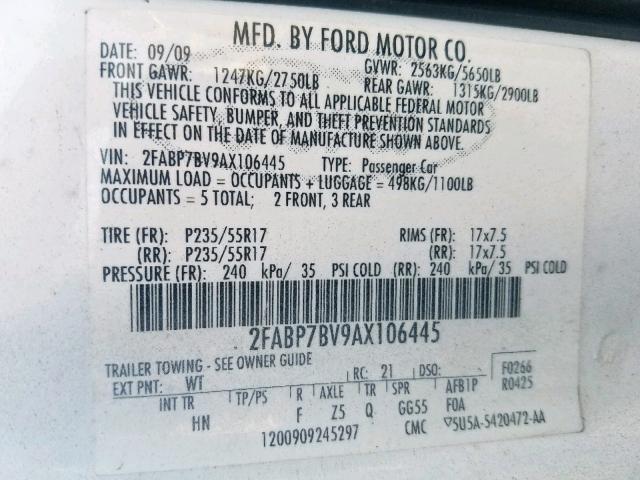 2FABP7BV9AX106445 - 2010 FORD CROWN VICT WHITE photo 10