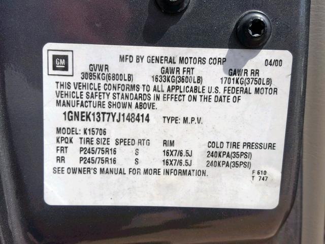 1GNEK13T7YJ148414 - 2000 CHEVROLET TAHOE K150 GRAY photo 10