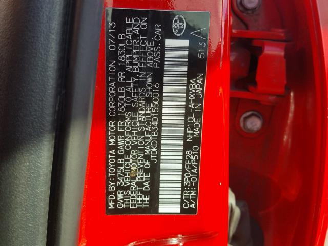 JTDKDTB34D1550016 - 2013 TOYOTA PRIUS C RED photo 10