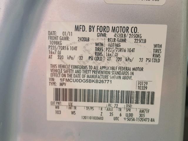 1FMCU0DG5BKB26771 - 2011 FORD ESCAPE XLT SILVER photo 10