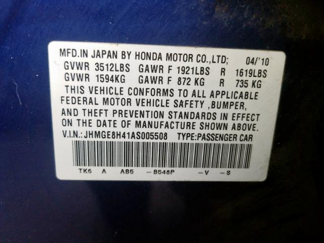 JHMGE8H41AS005508 - 2010 HONDA FIT SPORT BLUE photo 10