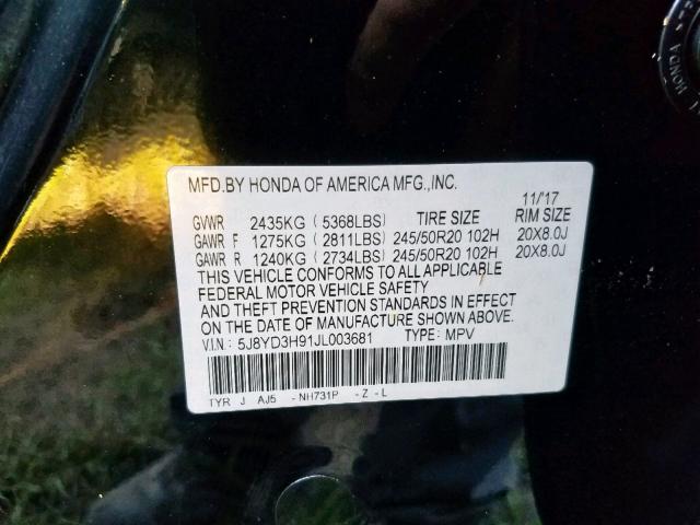 5J8YD3H91JL003681 - 2018 ACURA MDX ADVANC BLACK photo 10