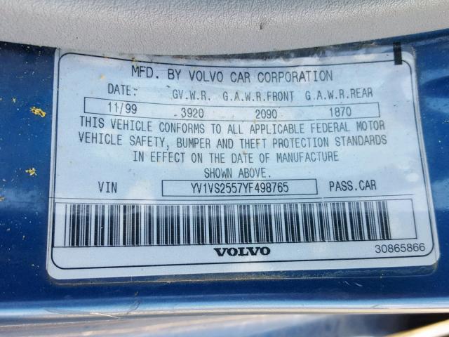 YV1VS2557YF498765 - 2000 VOLVO S40 BLUE photo 10