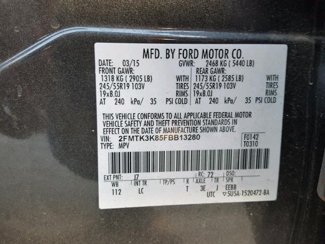 2FMTK3K85FBB13280 - 2015 FORD EDGE TITAN GRAY photo 10