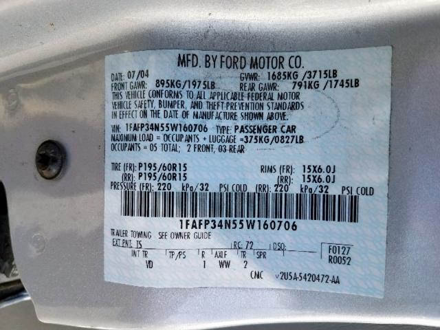 1FAFP34N55W160706 - 2005 FORD FOCUS ZX4 SILVER photo 10