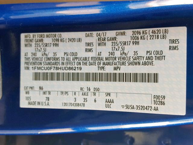 1FMCU0F78HUD86219 - 2017 FORD ESCAPE S BLUE photo 10