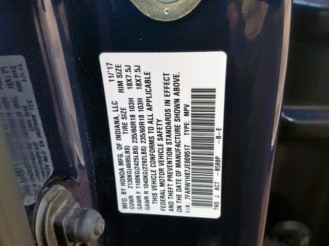 7FARW1H87JE009517 - 2018 HONDA CR-V EXL BLUE photo 10