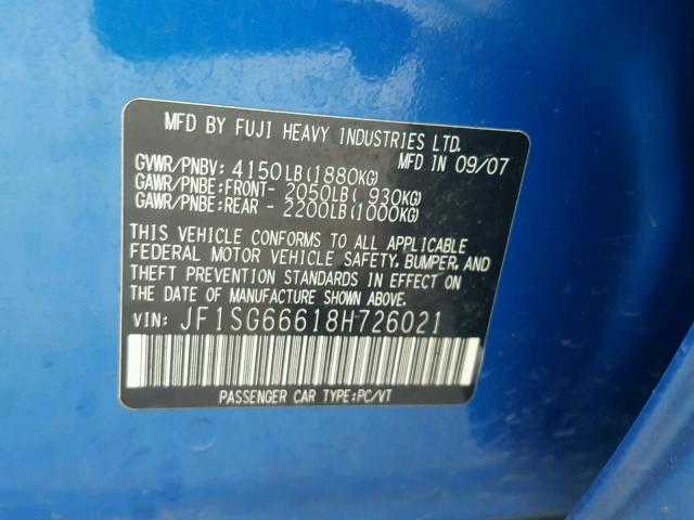 JF1SG66618H726021 - 2008 SUBARU FORESTER S Mavi foto 10